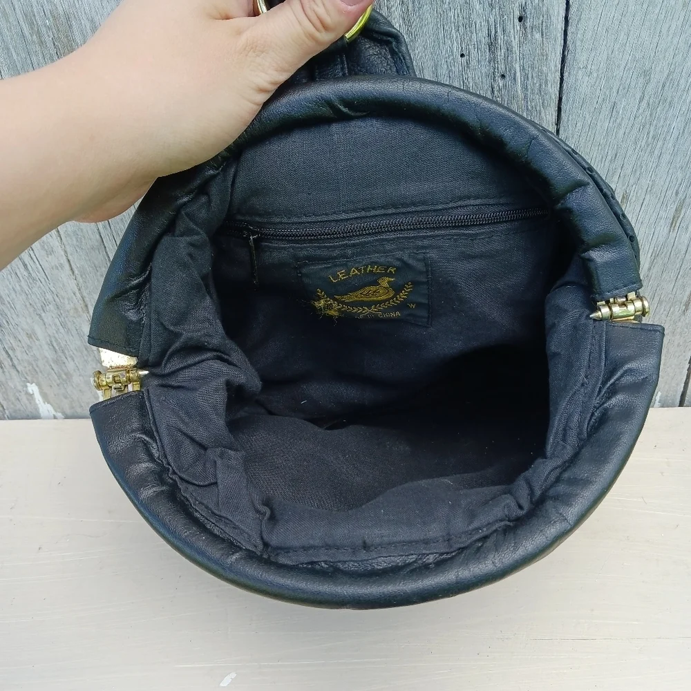 Vintage Perforated‎ Leather Black Clutch Purse Magnet Closure